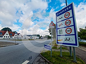 Danish Border street sign in Krusa Danmark saying Danmark & x28;Denmark& x29; on the Danish and German border road