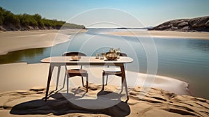 Danish Design Table On Serene River Beach photo