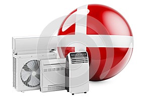 Danish flag with cooling and climate electric devices. Manufacturing, trading and service of air conditioners in Denmark, 3D