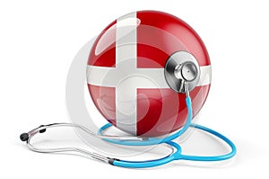 Danish flag with stethoscope. Health care in Denmark concept, 3D rendering