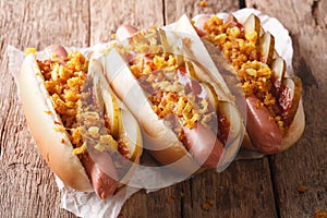 Danish food: hot dogs with crispy onions, ketchup and pickled cu