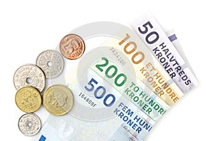 Danish kroner coins and folded banknotes