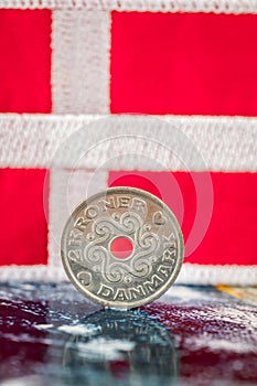 Danish kroner, Denmark flag, financial business concept, vertical photo, close up