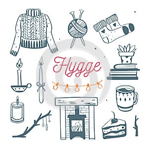Danish lifestyle concept- Hygge. Vector hand drawn illustrations . Cozy elements for Winter season. Fireplace, candles