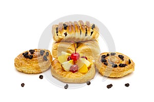 Danish pastry with fruits isolated on white background