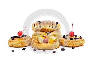 Danish pastry with fruits isolated on white background