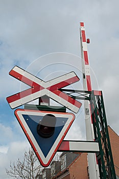 Danish Railroad crossing sign in town of Sakskoebing