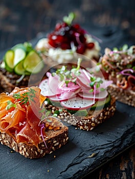 Danish smorrebrod, open-faced sandwiches with various toppings, served on a slate plate. A traditional and flavorful photo