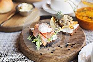 Danish smorrebrod sandwich with salmon fish and egg