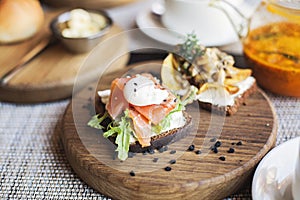 Danish smorrebrod sandwich with salmon fish and egg photo