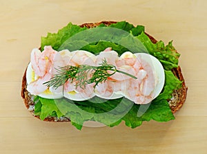 Danish smorrebrod of shrimp and egg