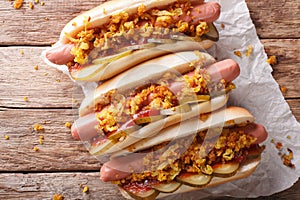 Danish street food: hot dogs close-up. horizontal top view