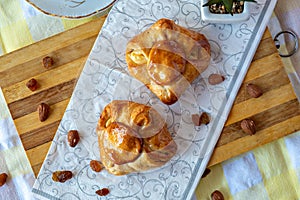 Danish sweet pastry with tea in background