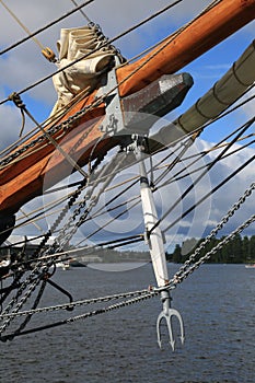 Danish three-masted schooner Loa. Dolphin striker in the form of a trident and other rigging close-up