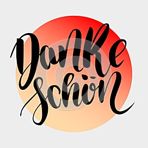 Danke schoen. Thank you in german. hand drawn brush lettering on colorful gradient isolated on grey background. Modern