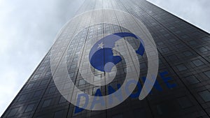 Danone logo on a skyscraper facade reflecting clouds. Editorial 3D rendering
