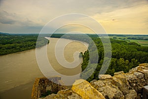 DANUBE, BRATISLAVA, SLOVAKIA: Beautiful landscape with Devin castle, mountais and Danube river