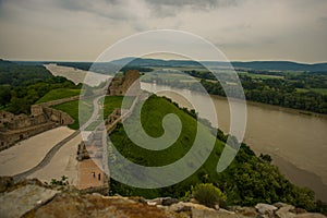 DANUBE, BRATISLAVA, SLOVAKIA: Beautiful landscape with Devin castle, mountais and Danube river