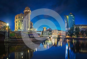 The Danube Canal in Vienna at Night with Urania and Uniqa Tower, Vienna, Austria