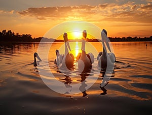 Danube Delta Pelicans at sunset on Lake Fortuna