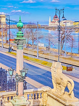 Danube embankment from viewpoint of Varkert Bazar complex in Budapest, Hungary