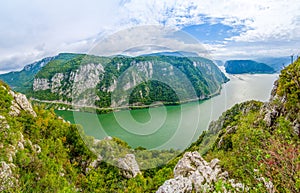 Danube Gorges, panorama from Ciucaru Mic peak, Dubova village, Romania