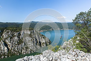 The Danube Gorges Veliki Kazan seen from the Serbian side with a floating ship