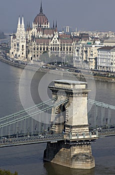 Danube and hungarian parliament and part of chain bridge.