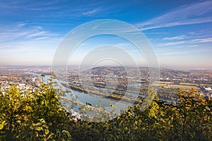 Danube Island, Langenzersdorf and Bisamberg hill in the Weinviertel region of Austria