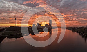 Danube Island in Vienna with the amazing skyline of Danube City at the Danube River