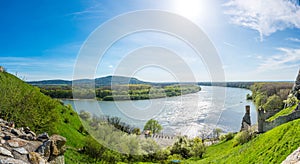 The Danube and Morava river together near the Devin castle, Slovakia. Summer weather, blue sky