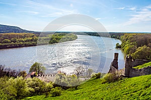 The Danube and Morava river together near the Devin castle, Slovakia. Summer weather, blue sky