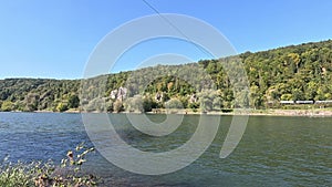 Danube river in Bavaria in sunshine and blue sky in autumn, 4K