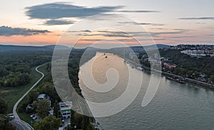 Danube river and Bratislava cityscape at sunset, Slovakia.