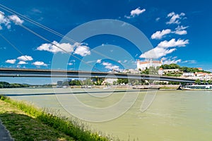 Danube river with Bridge of the Slovak National Uprising Most SNP and Bratislava Castle