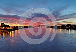 Danube river in colorful sunset at Komarom, Hungary