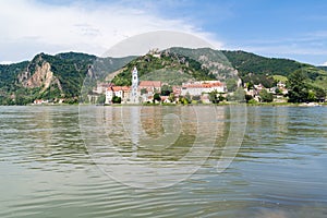 Danube river and Durnstein with abbey and castle, Wachau, Austria