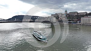 Danube River Ferry Cruises in Budapest, Boat Tours. Hungary. Buda Palace in Background