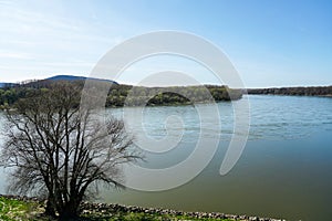 Danube river near Devin castle, scenic early springtime view with blue sky, Bratislava, Slovakia