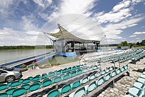 The Danube stage of Tulln, Lower Austria, a modern tent construction on the river