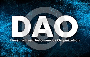 DAO, Decentralized Autonomous Organization, leadership by code and blockchain. Vector stock illustration.