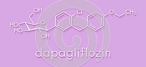 Dapagliflozin diabetes drug molecule. Inhibitor of sodium-glucose transport proteins subtype 2 SGLT2. Skeletal formula. photo