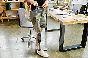 Dapper businessman with prosthetic leg capturing photo