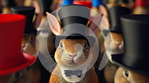 A dapper cartoon scene of a stuffed rabbit impressing the crowd with its impressive top hat collection at the