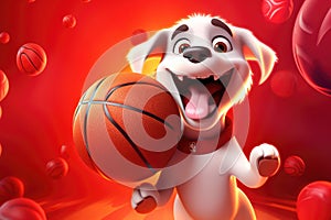 Dapper Doggy Dunks: A 3D-Rendered Dog\'s Fancy Basketball Pursuit on Red Gradient Background