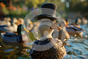 A dapper duck, sporting a miniature top hat and a monocle, AI generated