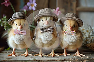 Dapper Ducklings Wearing Hats and Bowties.