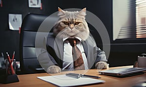 Dapper feline in a stylish suit sits working at an office desk. Created by AI