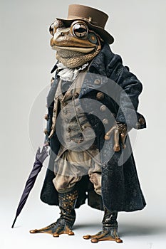 Dapper Frog Character in Vintage Gentleman Attire with Umbrella