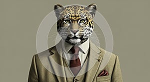 Sophisticated Leopard in a Tweed Suit, a Unique Animal Portrait photo